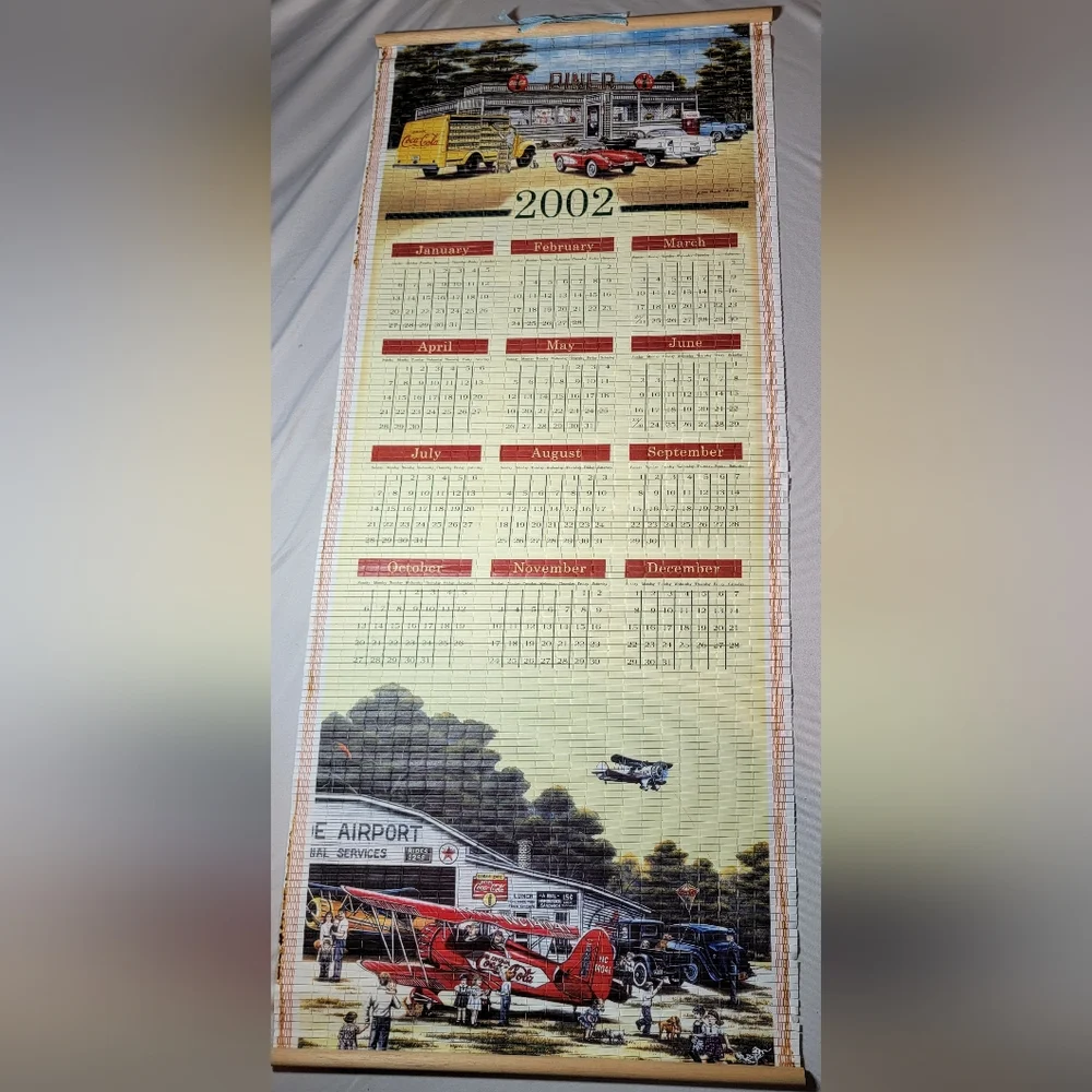 Coca Cola 2001 / 2002 Double Sided Bamboo Scroll Calendar W/ Box VINTAGE